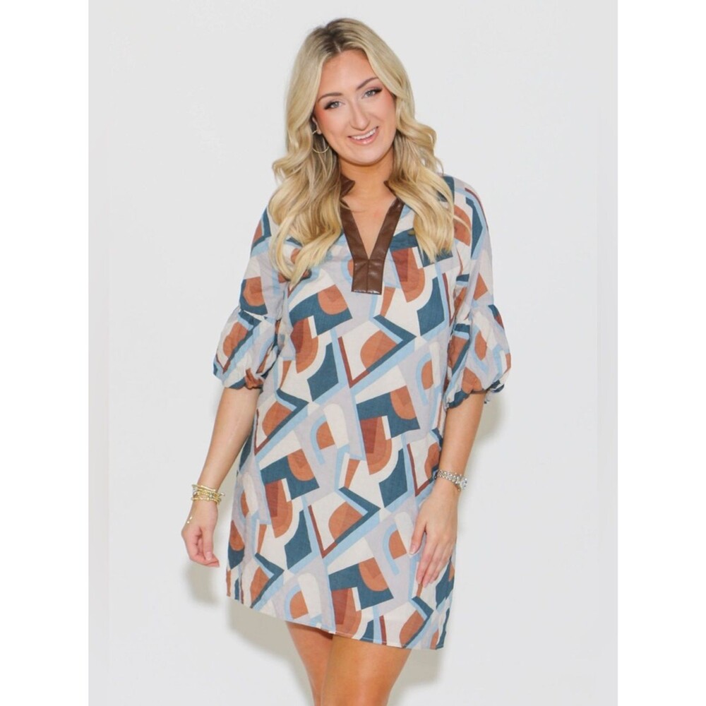 THML Geometric Print Tunic Dress Size S Boho Shift Lined Elastic Sleeve Mini